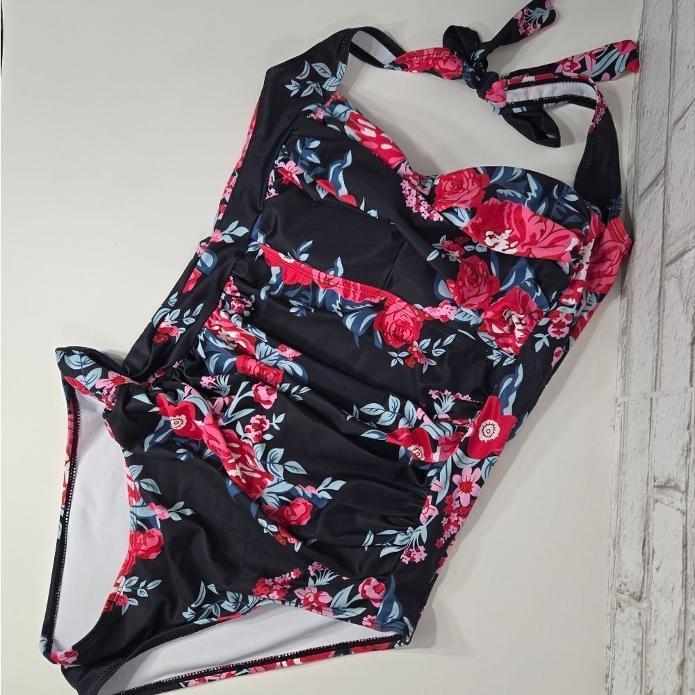 Black floral halter one piece swimsuit